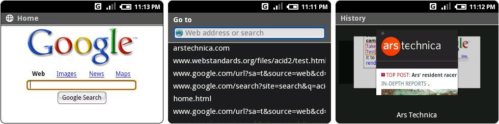 浏览器的假Google首页,地址栏,浏览历史界面。