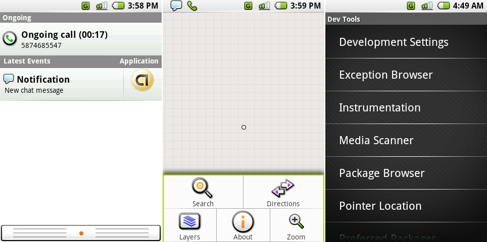 从左至右依次为:令人惊喜的现代通知面板,谷歌地图的菜单在打开着(地图已经不可用了),和新的适合触控的列表视图。