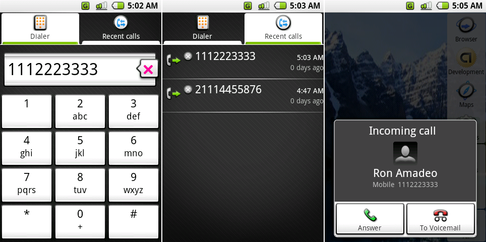 拨号盘,最近通话,和来电。