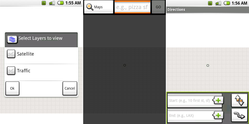 谷歌地图的图层选择,搜索界面,以及路线界面。