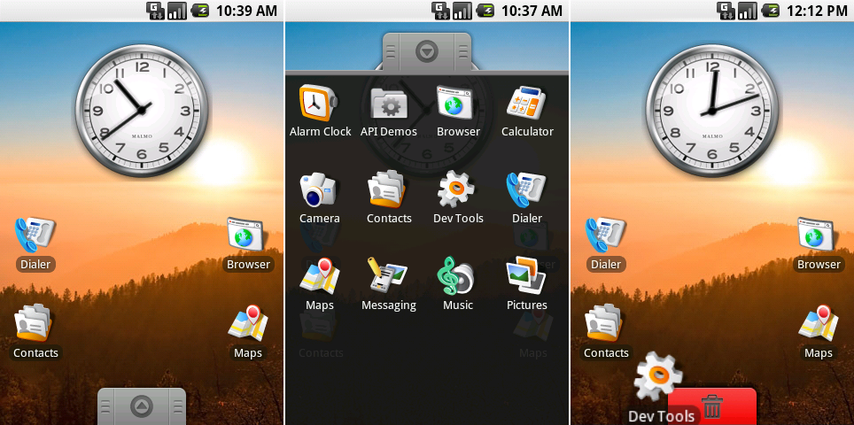 从左到右:安卓0.9的主屏幕,添加的应用抽屉,以及快捷方式删除界面。