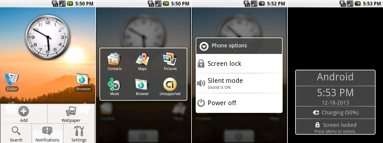 从左到右:安卓0.9的新菜单,最近使用应用,电源选项,以及锁屏。