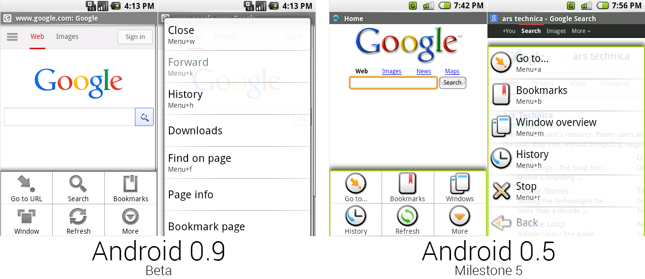 安卓0.9和0.5的浏览器,展现出新的无色彩菜单。