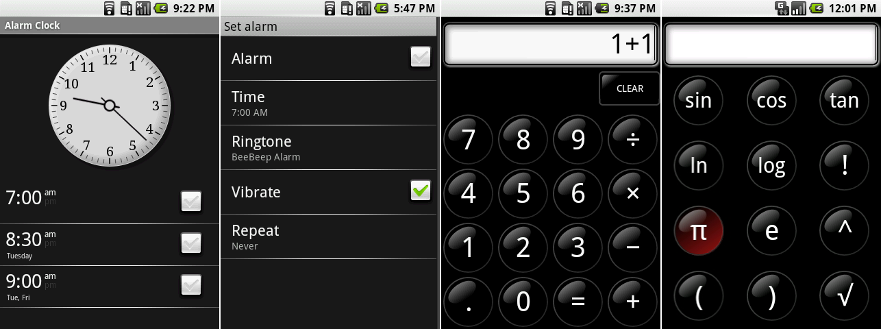 闹钟主屏幕,设置一个闹钟,计算器,以及计算器高级功能。