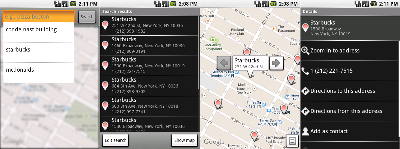 我们第一次见到谷歌地图搜索界面。这些截图展示了搜索栏,搜索结果列表,显示在地图上的搜索结果,以及一个商业页面。