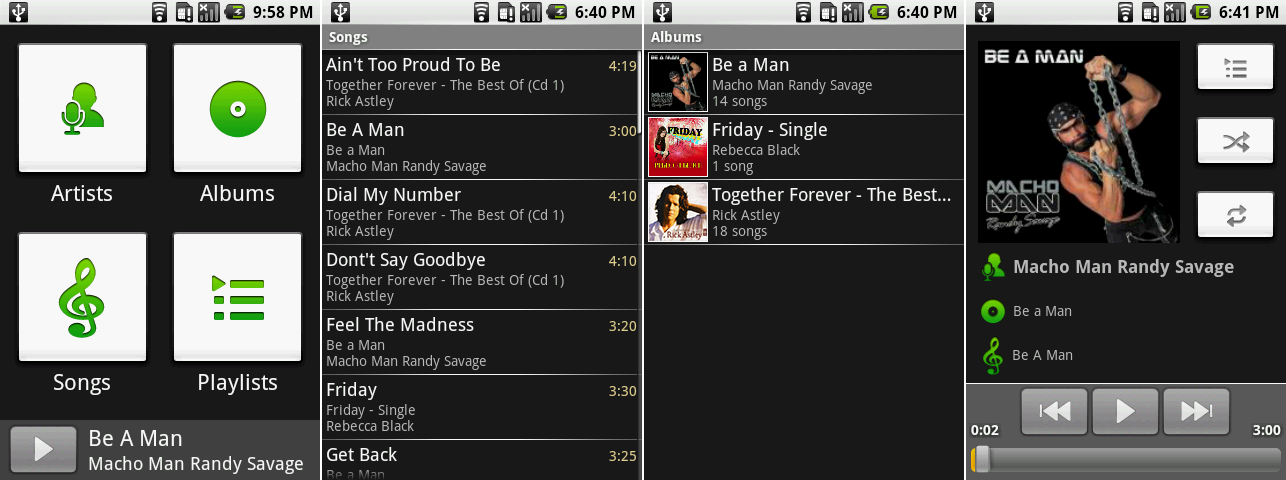 音乐播放器的主导航页面,歌曲列表,专辑列表,以及“正在播放”界面。