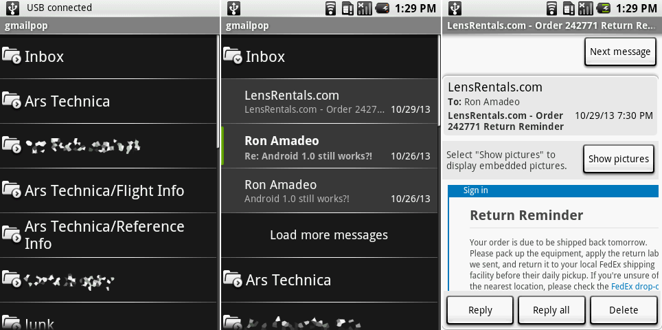 电子邮件应用的所有界面。前两张截图展示了标签/收件箱结合的视图,最后一张截图展示了一封邮件。