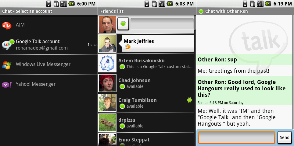 即时通讯应用。截图展示了服务提供商选择界面,朋友列表,以及一个对话。