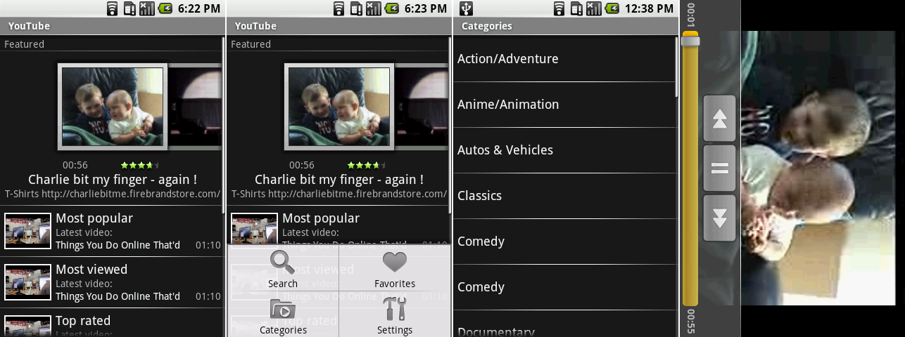 安卓1.0上的YouTube。截图展示了主界面,打开菜单的主界面,分类界面,视频播放界面。