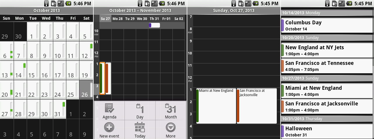 日历的月视图,打开菜单的周视图,日视图,以及日程。