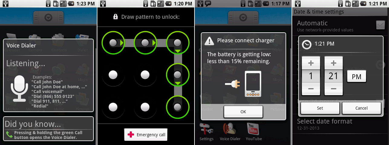 语音拨号,图形锁屏,电池低电量警告,时间设置。