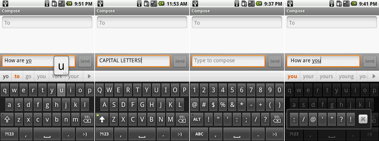 安卓 1.5 的屏幕软键盘输入时的输入建议栏,大写状态键盘,数字与符号界面,更多符号弹窗。