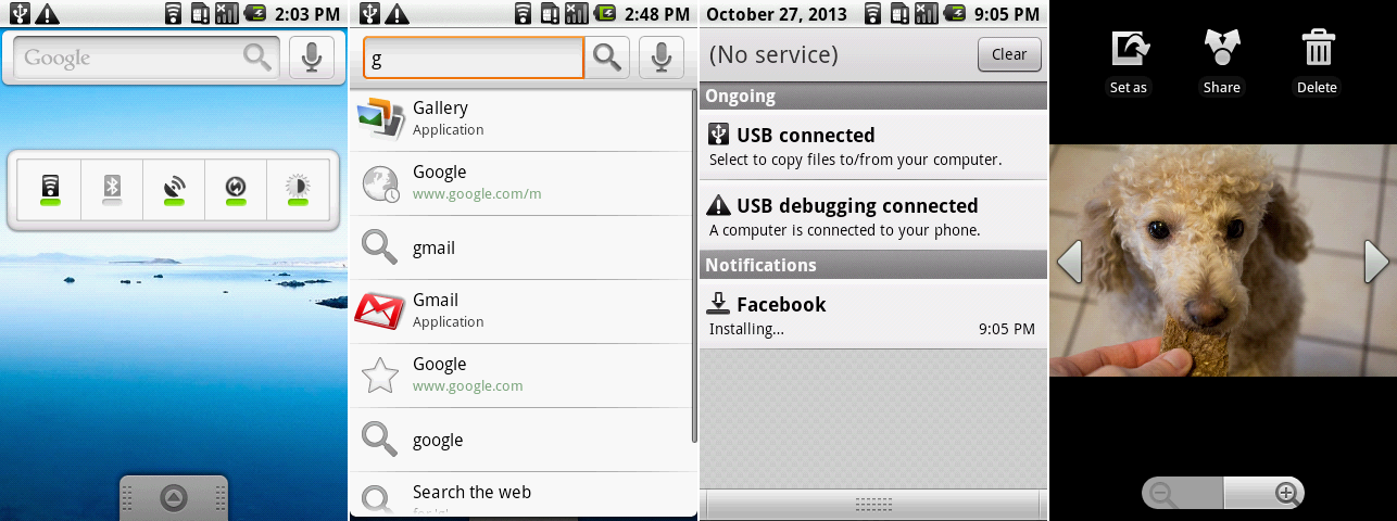 从左到右:新的小部件,搜索栏界面,新清除通知按钮,新相册控件。