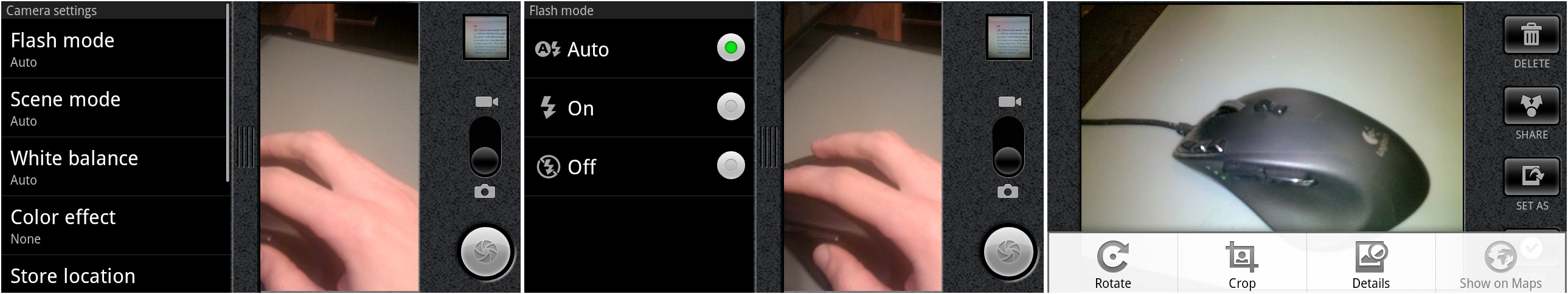 打开设置的相机,闪光灯设置,以及查看照片界面的菜单。