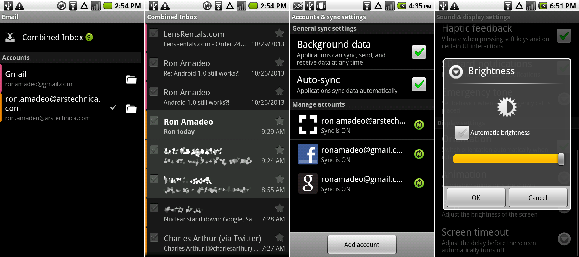 电子邮件应用的“帐户”页面,新的组合收件箱,系统设置的帐户与同步页面,自动亮度设置。