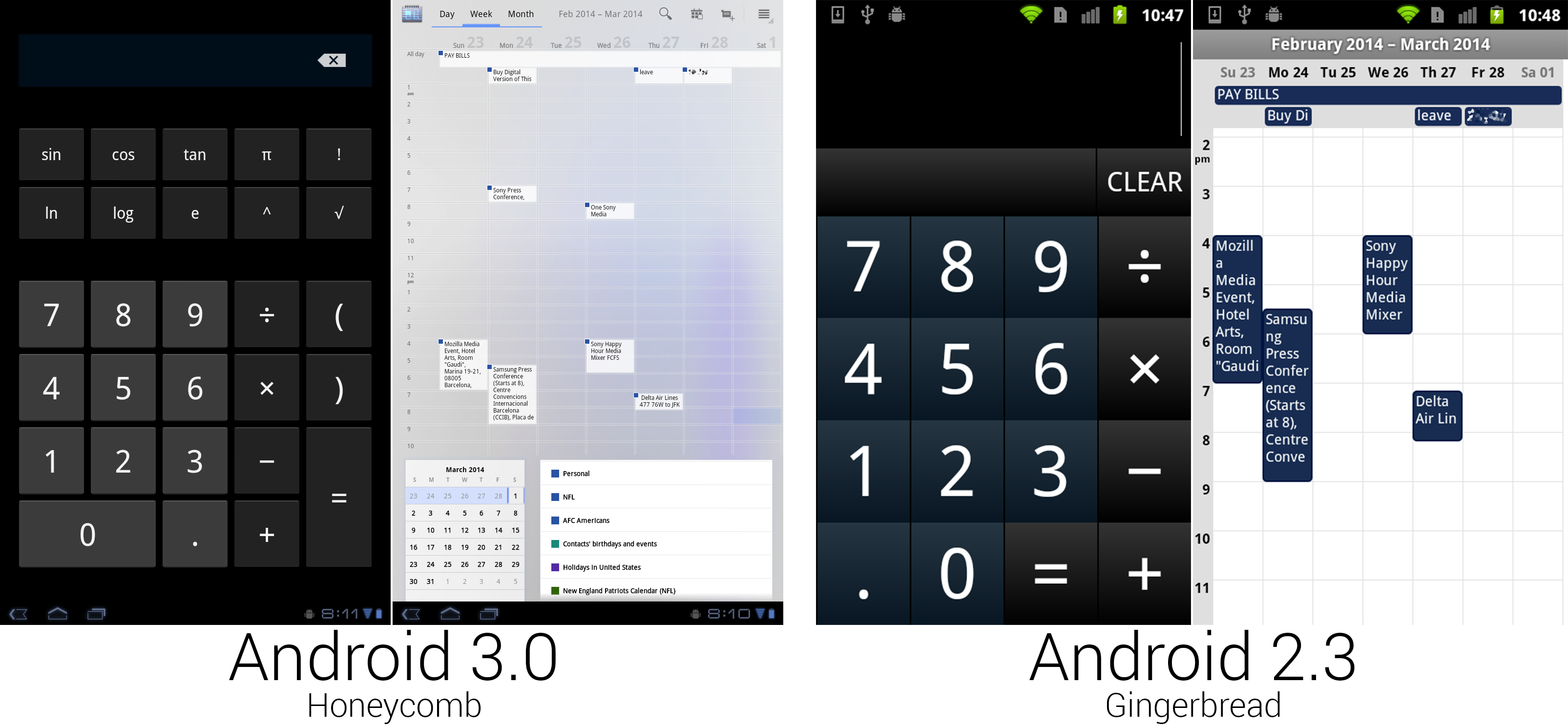 计算器使用了常规的安卓按钮,但日历看起来像是被谁打翻了蓝墨水。
