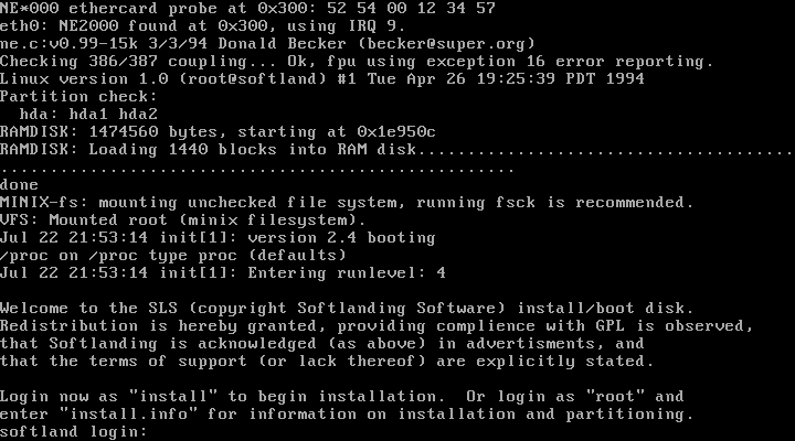 Installing SLS 1.05 from the login prompt Installing SLS 1.05 from the login prompt