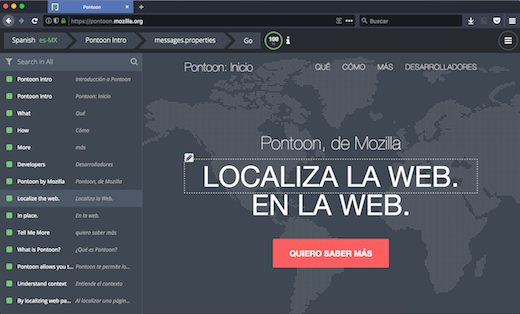 Mozilla's Pontoon translation management system user interface Mozilla 的 Pontoon 翻译管理系统用户界面