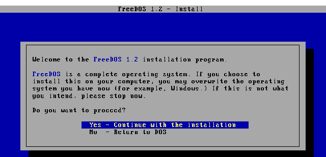 Starting FreeDOS installation Starting FreeDOS installation