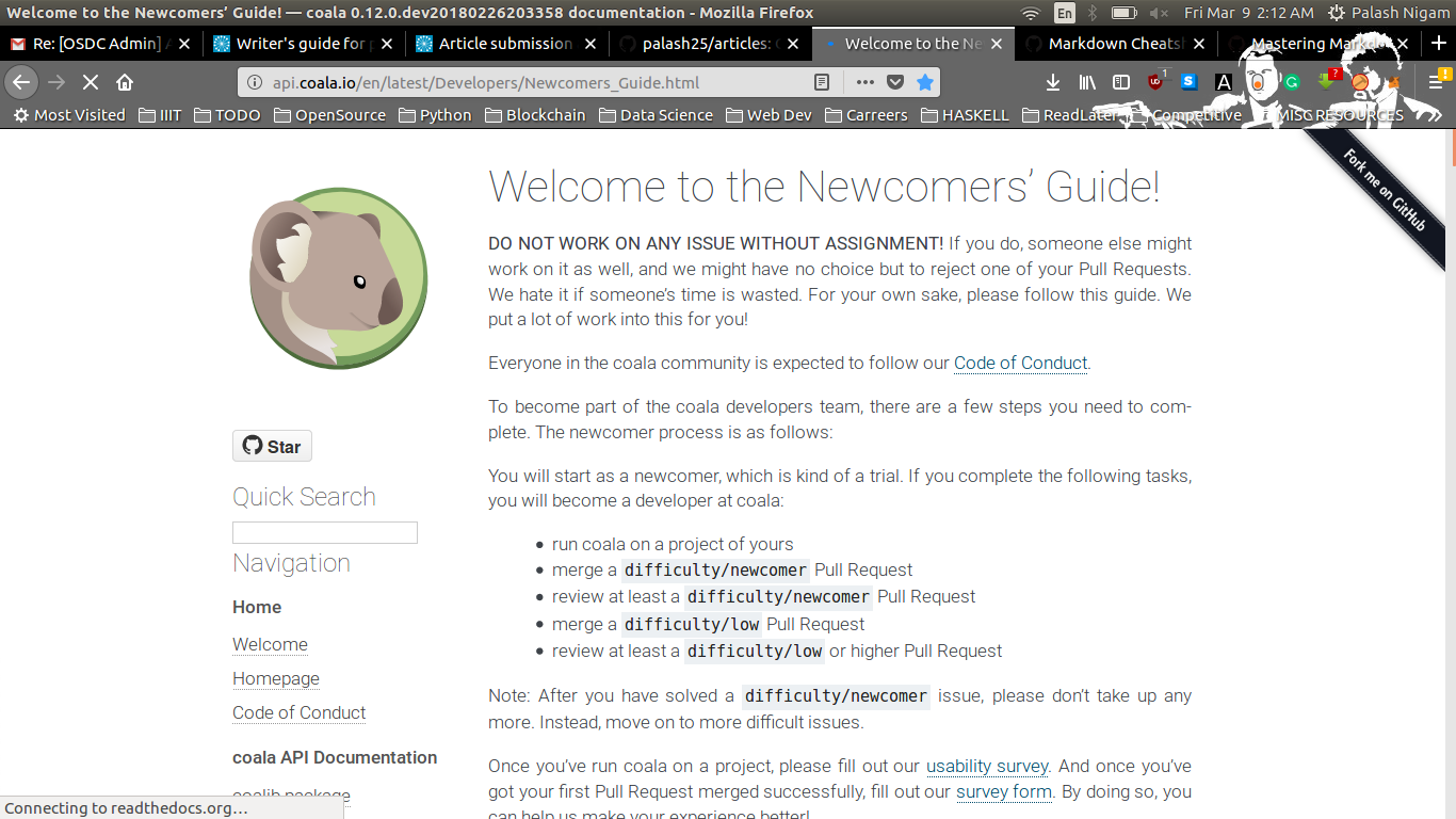 Coala Newcomers' Guide screen Coala Newcomers’ Guide screen