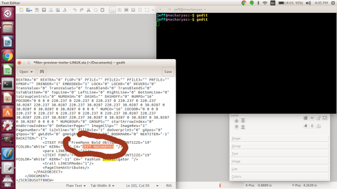 Editing Scribus file in Gedit Editing Scribus file in Gedit