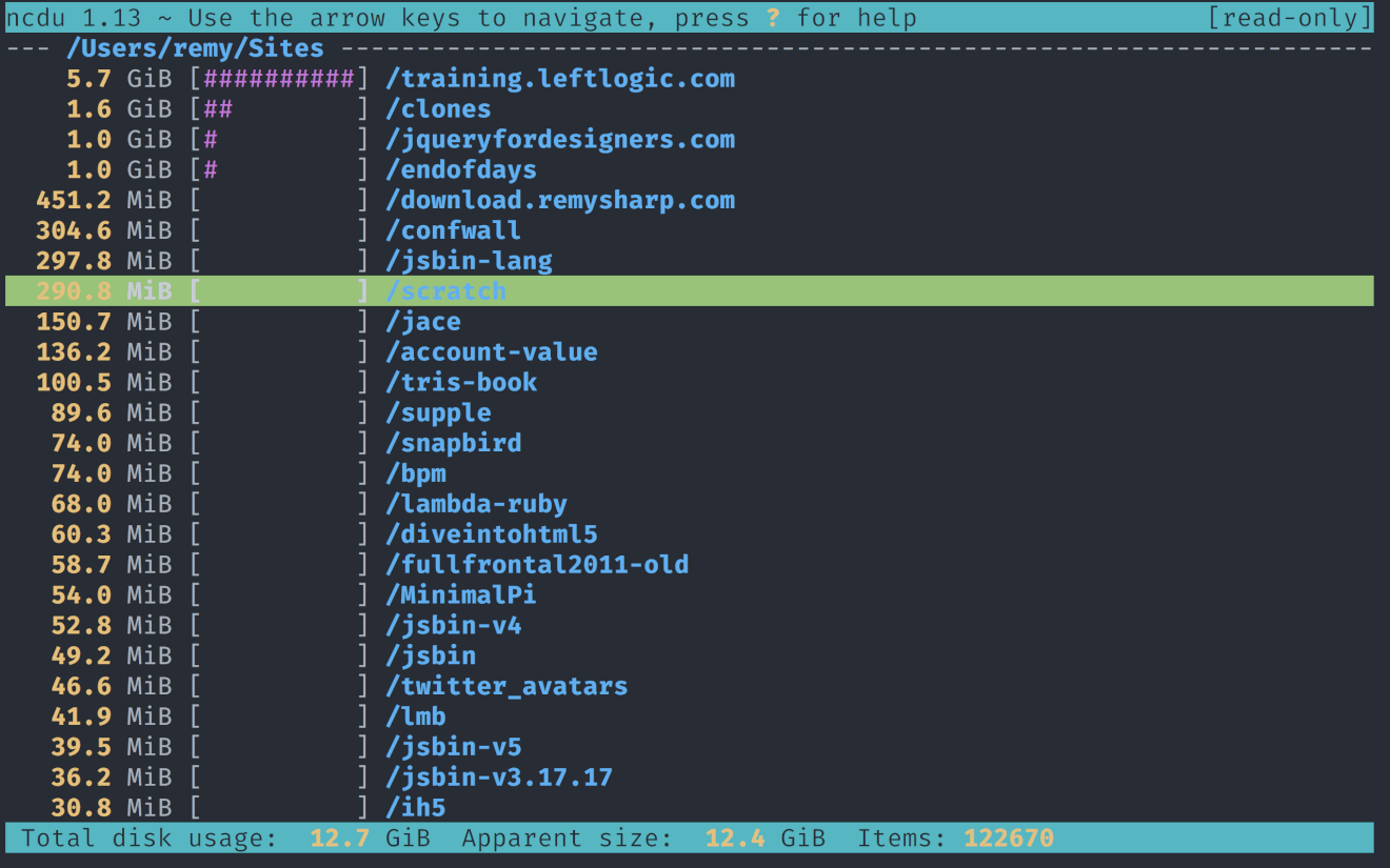 Sample ncdu output ncdu output