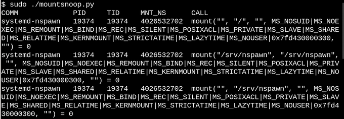 Console - Running mountsnoop Console - Running mountsnoop