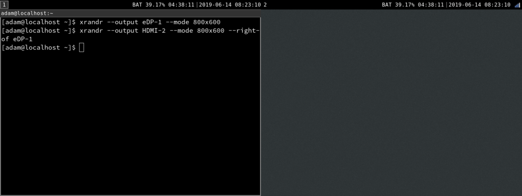 第二个屏幕激活。截屏上显示命令与文章中略有不同,它设置了更小的分辨率以使截屏适合阅读