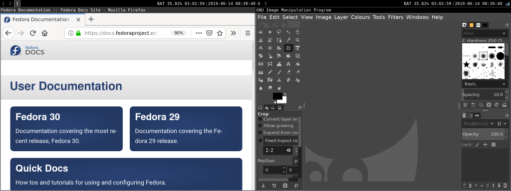 左侧屏幕切换为工作空间 3,右侧屏幕仍为工作空间 4
