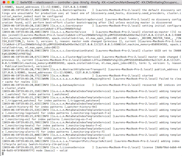 Terminal output when running Elasticsearch. Terminal output when running Elasticsearch.