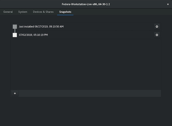 The Just Installed snapshot, or initial golden image. The Just Installed snapshot, or initial golden image, in GNOME Boxes.