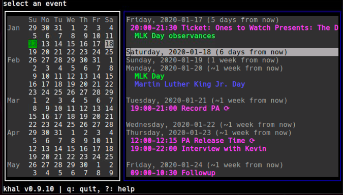 khal calendar khal calendar