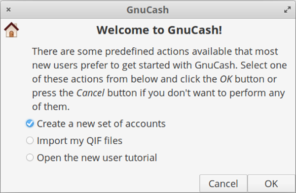 GnuCash Welcome screen GnuCash Welcome screen
