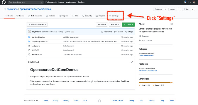Settings link in GitHub Settings link in GitHub