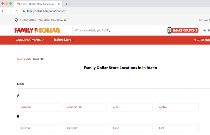 Family Dollar Idaho locations page 爱达荷州 Family Dollar 所在地页面