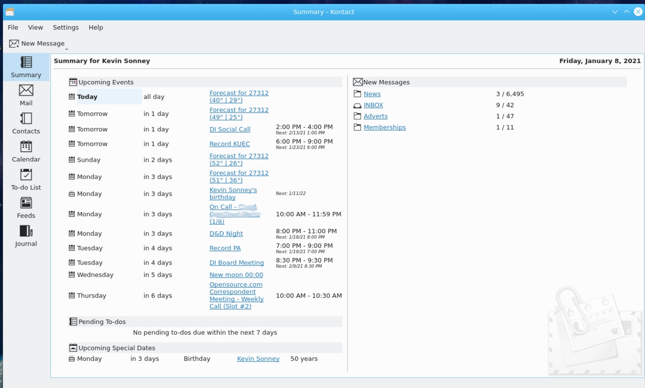 Kontact Summary screen Kontact Summary screen