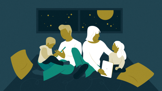 Family learning and reading together at night in a room Family learning and reading together at night in a room