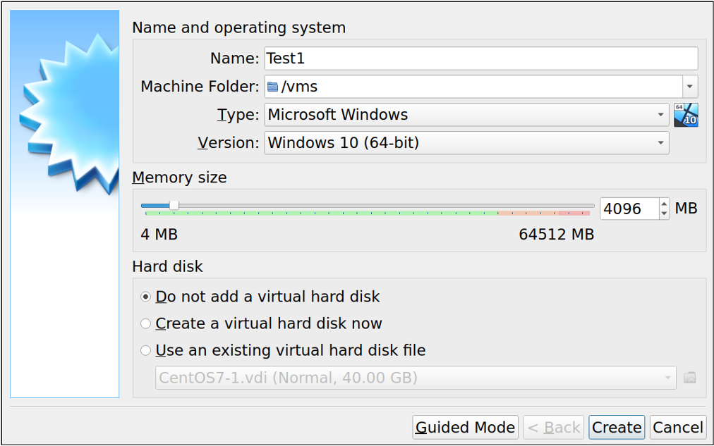 VirtualBox 对话框:创建新的虚拟机,但不添加硬盘