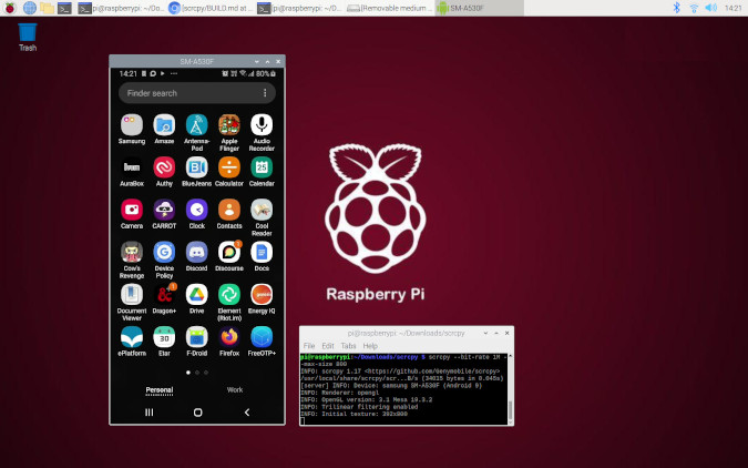 Scrcpy running on a Raspberry Pi Scrcpy running on a Raspberry Pi