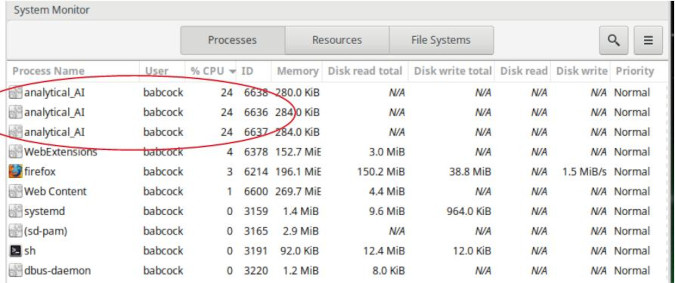 System Monitor Processes panel 系统监控进程面板