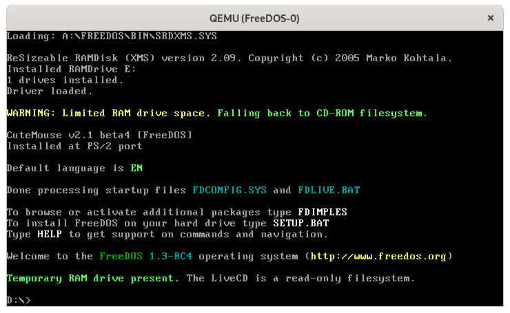 Booting the FreeDOS 1.3 RC4 LiveCD Booting the FreeDOS 1.3 RC4 LiveCD on QEMU