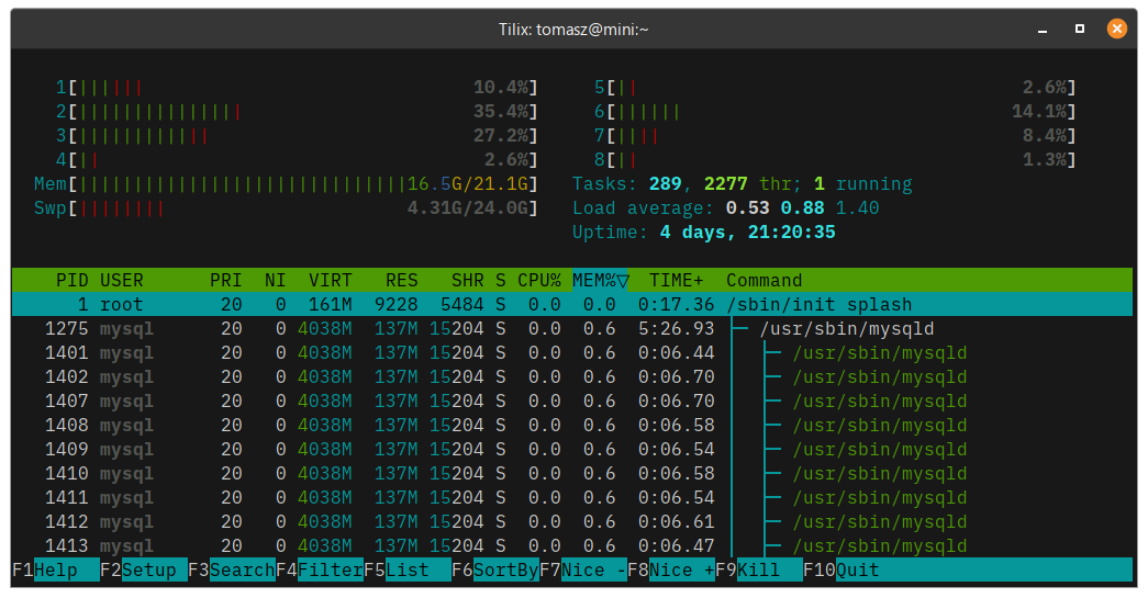 Memory usage using htop Memory usage using htop