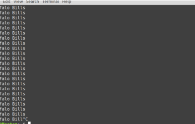 Yes command 画面上重复显示的是一行行 Buffalo Bills(左侧边缘略微被切断)