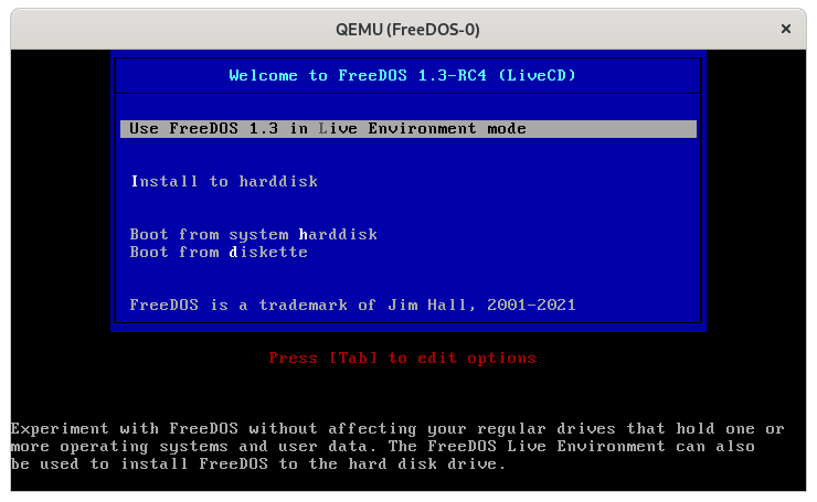 Select "Use FreeDOS 1.3 in Live Environment mode" to boot the LiveCD manual install