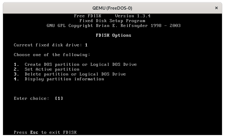 Select "1" to create a partition using fdisk