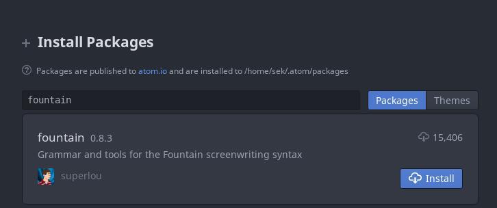 Install a Fountain plugin for Atom 为 Atom 安装一个 Fountain 插件 (Seth Kenlon, CC BY-SA 4.0)