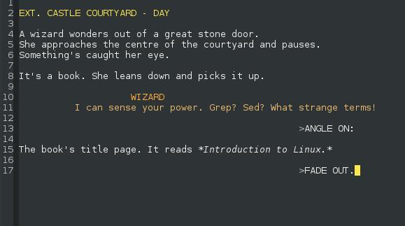 Fountain-mode in Emacs Emacs 中的 Fountain 模式 (Seth Kenlon, CC BY-SA 4.0)