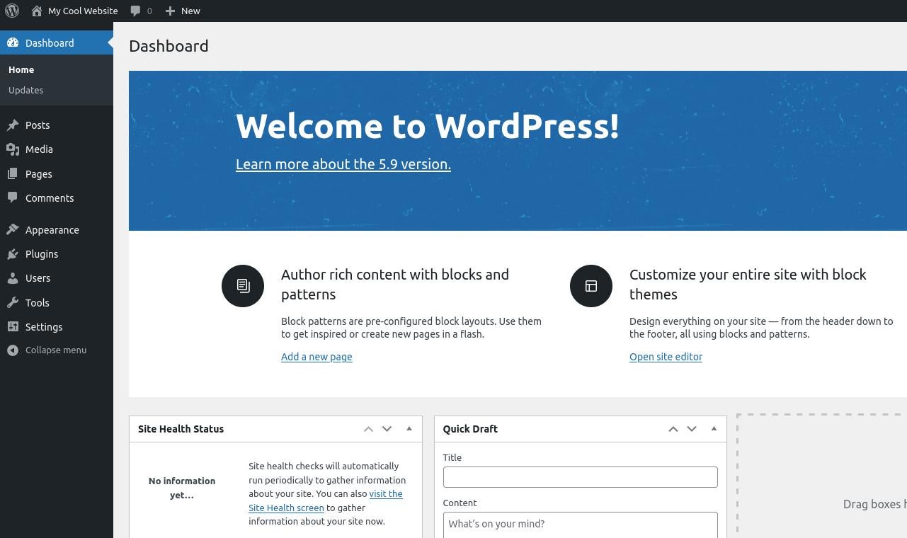 WordPress dashboard running in a container WordPress dashboard running in a container
