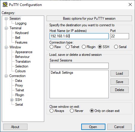 PuTTY configuration screen PuTTY configuration screen