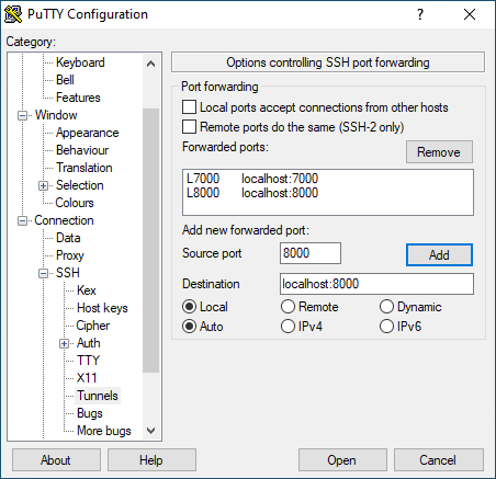 Port forwarding in PuTTY Port forwarding in PuTTY